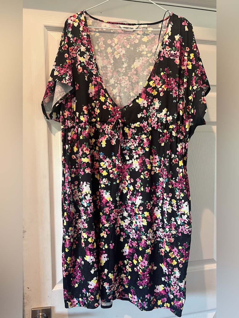 Lands' End Black Floral V-Neck Tunic with Pink & White Blossoms